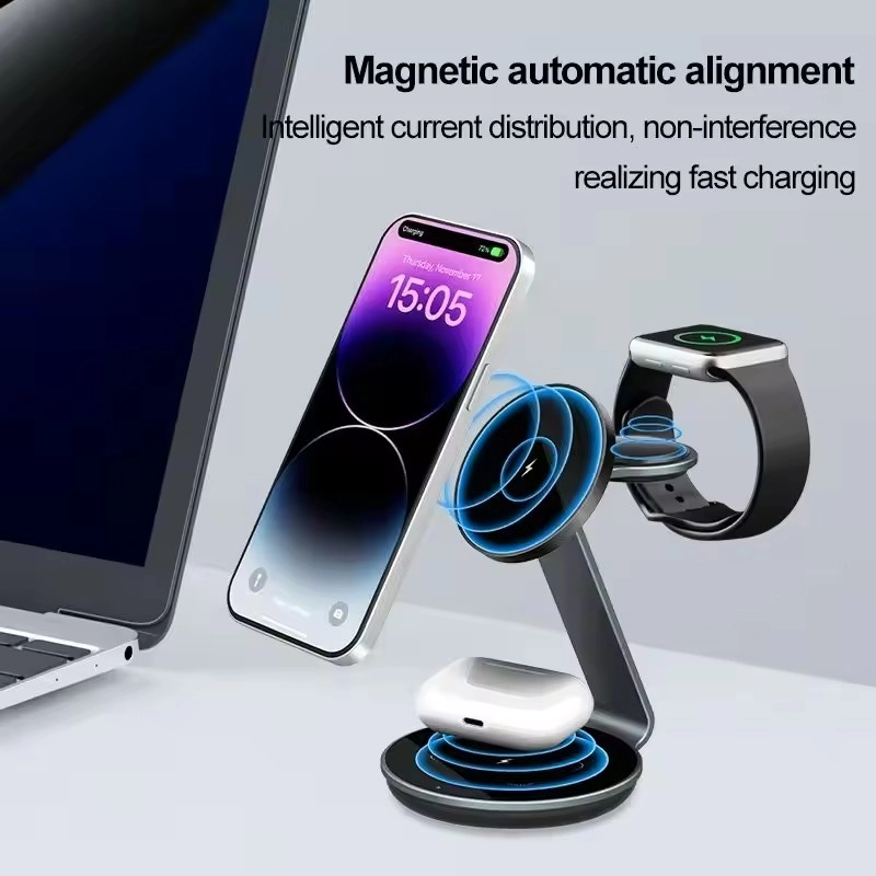 Cargador Inalambrico Magnetico 3 en 1, carga rapida 15W