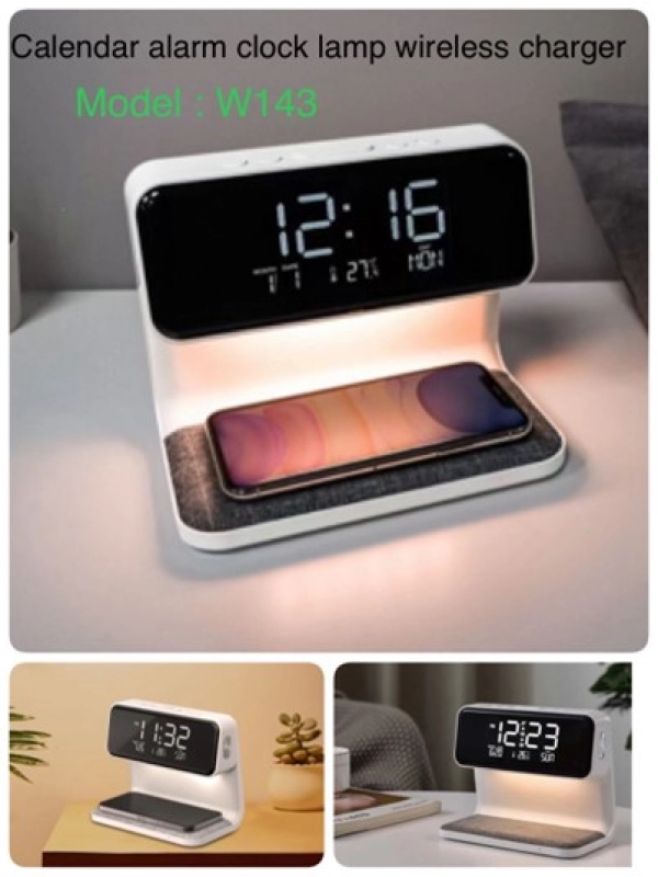 Reloj con Alarma + Cargador Inalambrico + Lampara de Nochero, en ABS