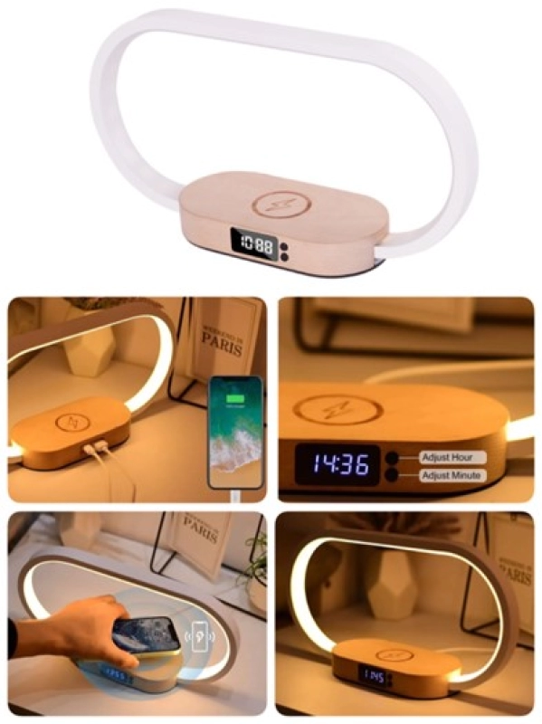 Cargador Inalambrico + Lampara + Reloj, en madera y Aluminio
