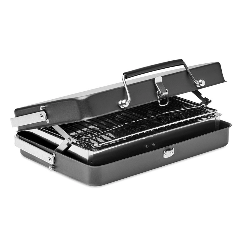 Set BBQ Bacon, tipo maletin, con parrilla, en acero inox, de 18.5 x 14 x 6 cmts