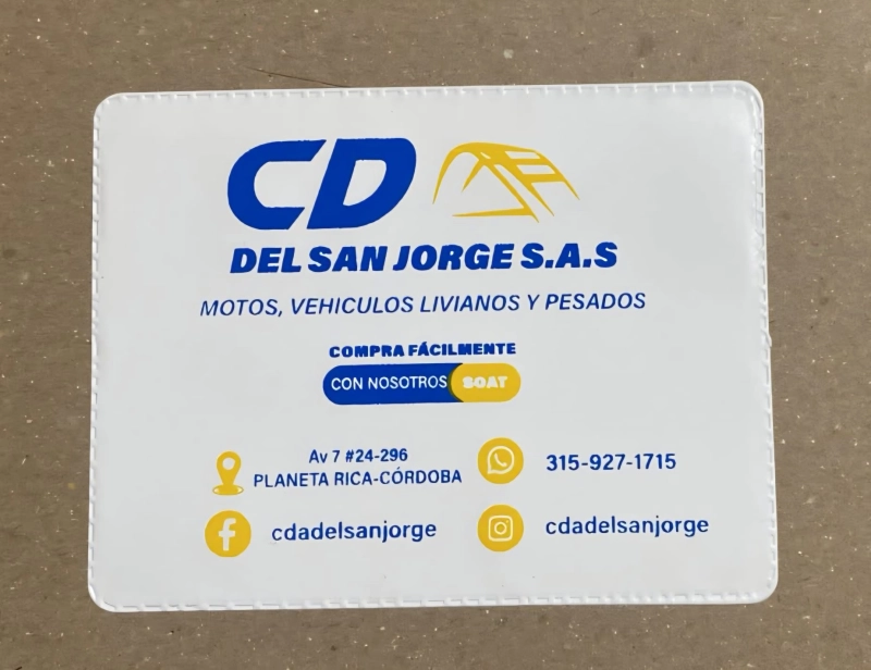 Portadocumentos Sencillo de 1 bolsillo para Soat del Carro, tamaño 11 x 8.5 cmts