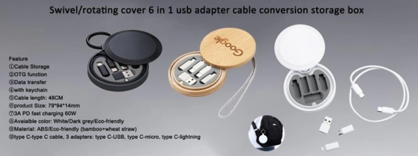 Set 6 en 1 de adaptadores y conectores para celular,  en bambu, de 8 x 8 x 1.6 cmts