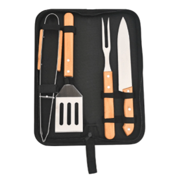 Set de BBQ 4 en 1, en madera y acero inoxidable, con estuche
