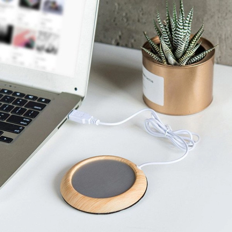 Calentador Kaffee, con cable USB, 5W, en acero y madera, de 10.3 cmts diametro