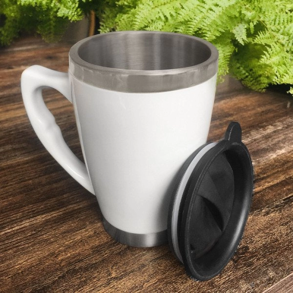 Mug Pocillo de Cerámica, 16 oz, interior acero inoxidable, 13.5 x 9 cmts
