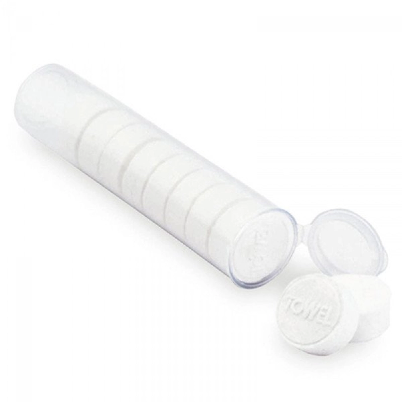 Toallas comprimidas x 10 unds, de 30 x 30 en estuche, 10.5 x 2.6 cmts