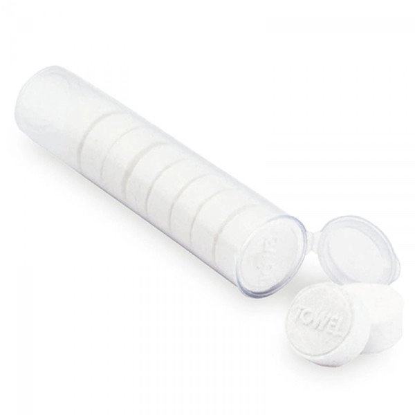 Toallas comprimidas x 10 unds, de 30 x 30 en estuche, 10.5 x 2.6 cmts